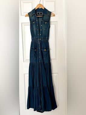 Elisabetta Franchi Denim Maxi Dress AJ265 Sleeveless Gold Button Size 38 Italy